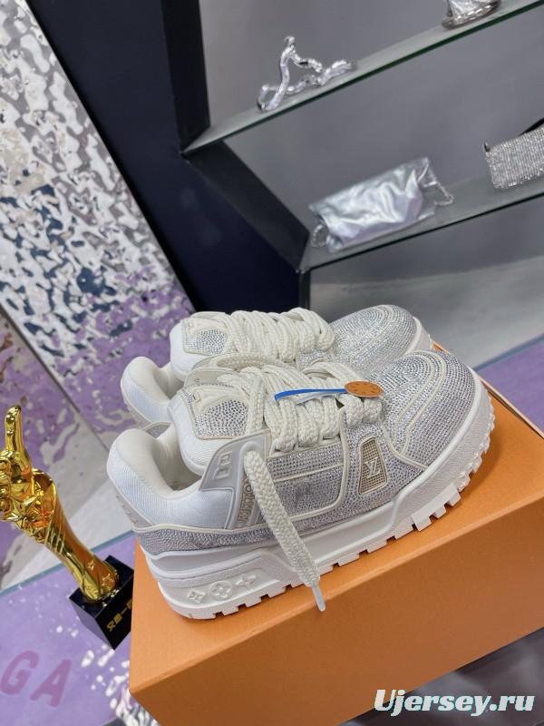 2024 Unisex Louis Vuitton White Silver Leather Trainers Crystal Embellished MJ00430