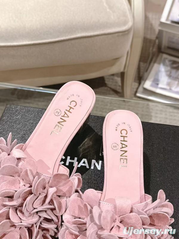 2025 Women Chanel Pink Suede Flower Mule