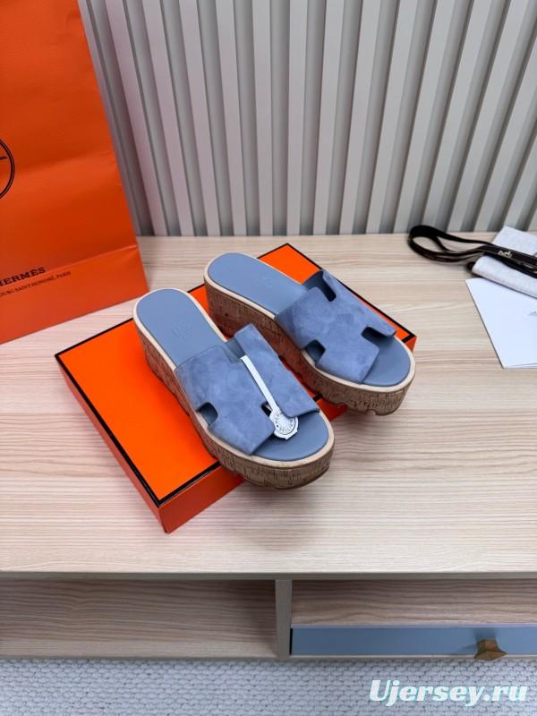 2025 Women Hermès Blue Suede Slippers