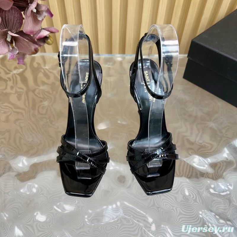 2025 Women Yves Saint Laurent Black Patent Leather High Heel Sandals Metal Logo MJ00310