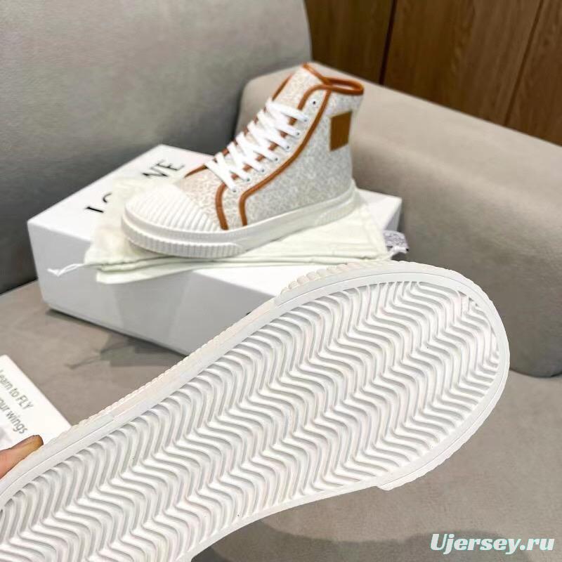 2025 Women Loewe White Brown Canvas High-top Sneakers LY00420