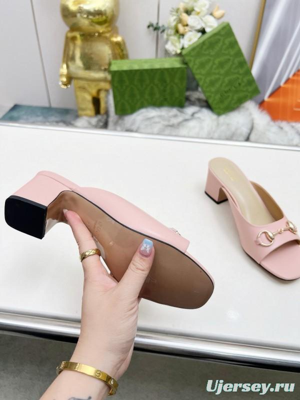 2025 Women Gucci Pink Leather Block Heel Mules MJ00180