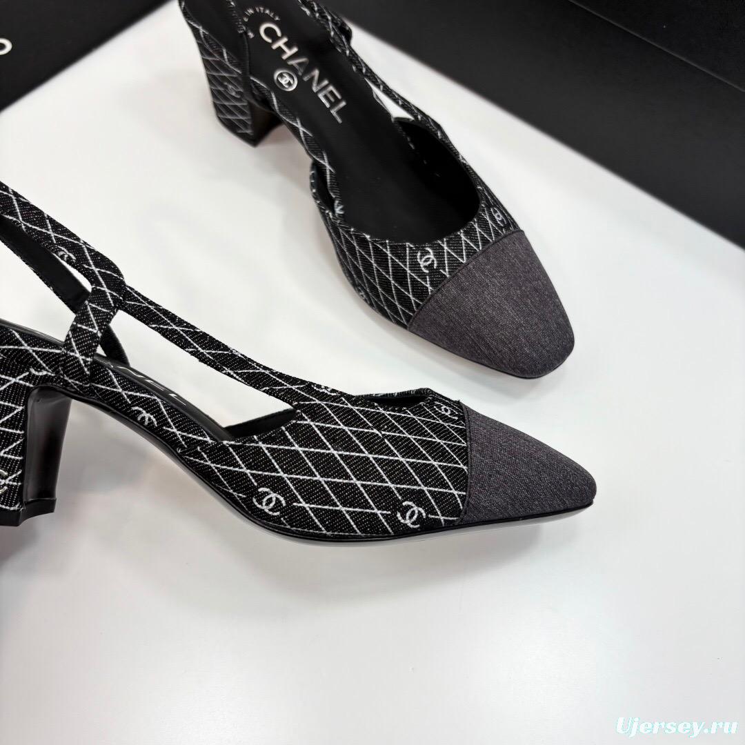 2025 Women Chanel Black White Fabric Slingback Heel LY00240