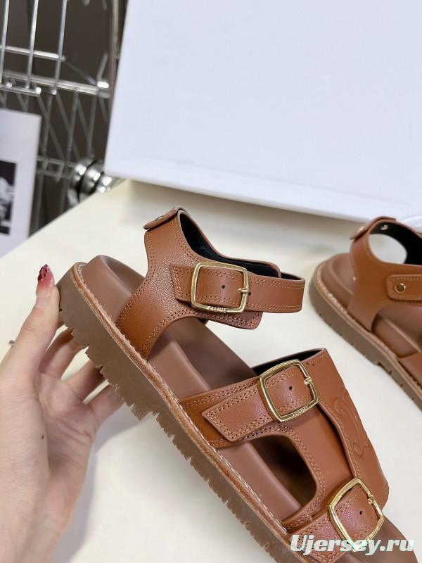 2025 Women Celine Light Brown Leather Sandals KFY00280