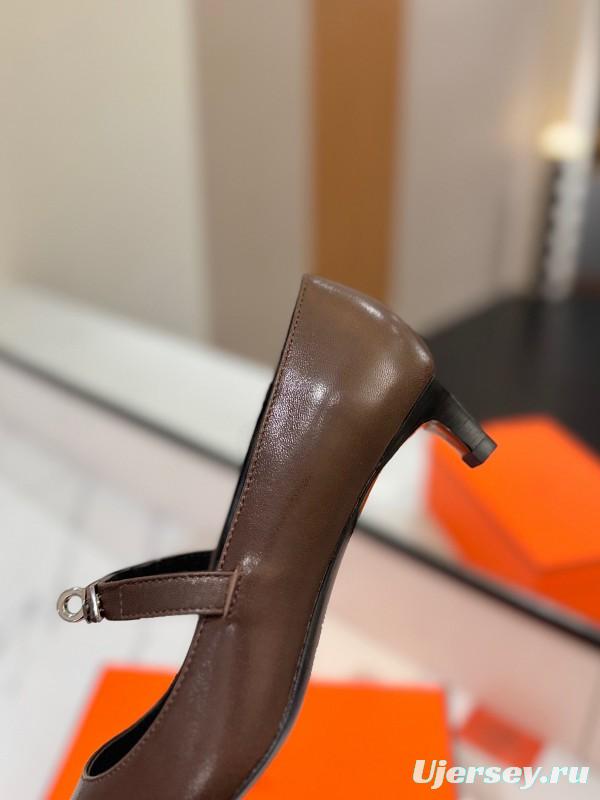 2025 Women Hermès Brown Leather Mary Jane 4cm Heel KFY00330