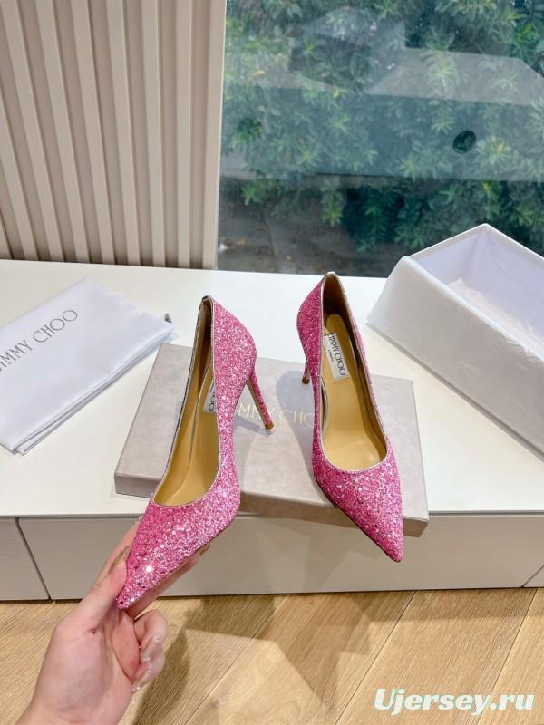 2025 Women Jimmy Choo Pink Glitter Leather High Heels KFY00280