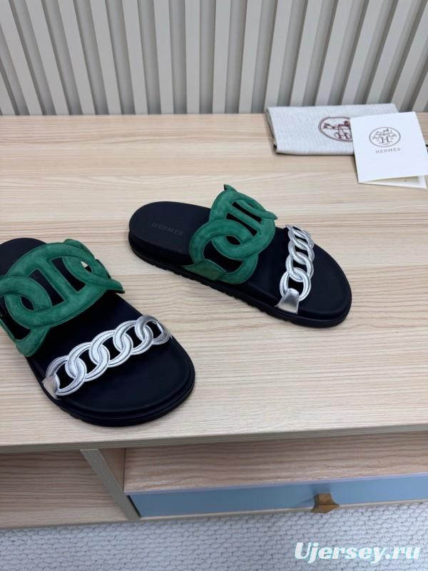 2025 Slippers Hermès Green Black Suede Leather Slippers