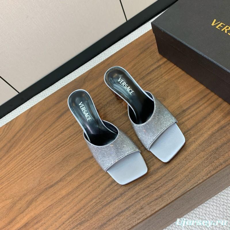 2025 Women VERSACE Silver Leather Slippers