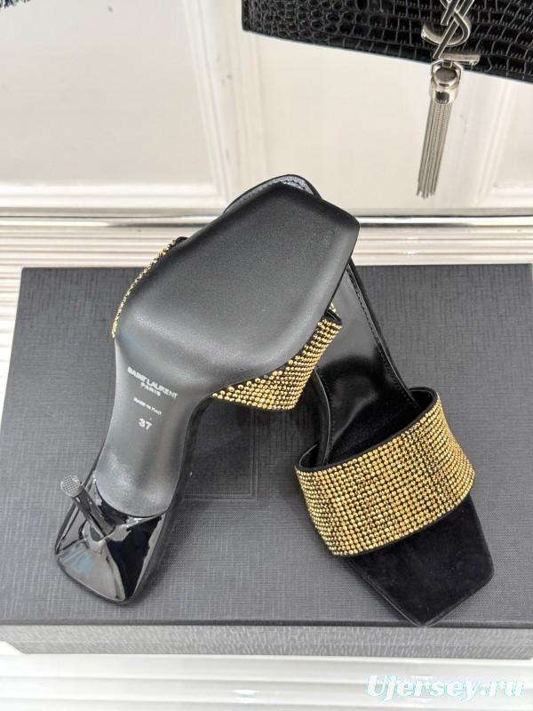 2025 Women Yves Saint Laurent Black Gold Leather High Heel Slip-On LY00300