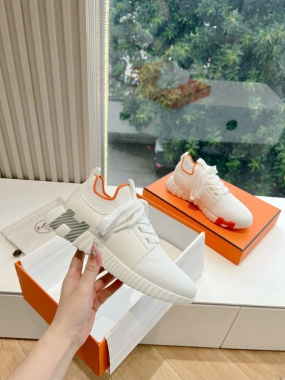 2024 Unisex Hermès white orange knit leather sneakers