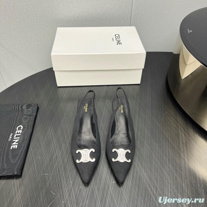2025 Women Celine Black Fabric Leather Slingback Kitten Heels KFY00290