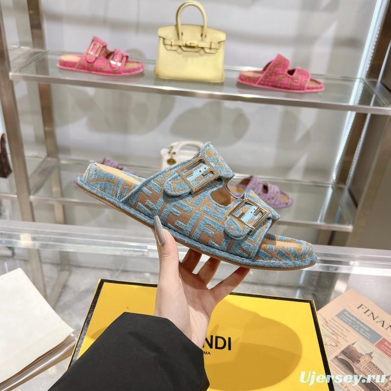 2025 Fendi Blue Beige Fabric Leather Slippers KFY00250