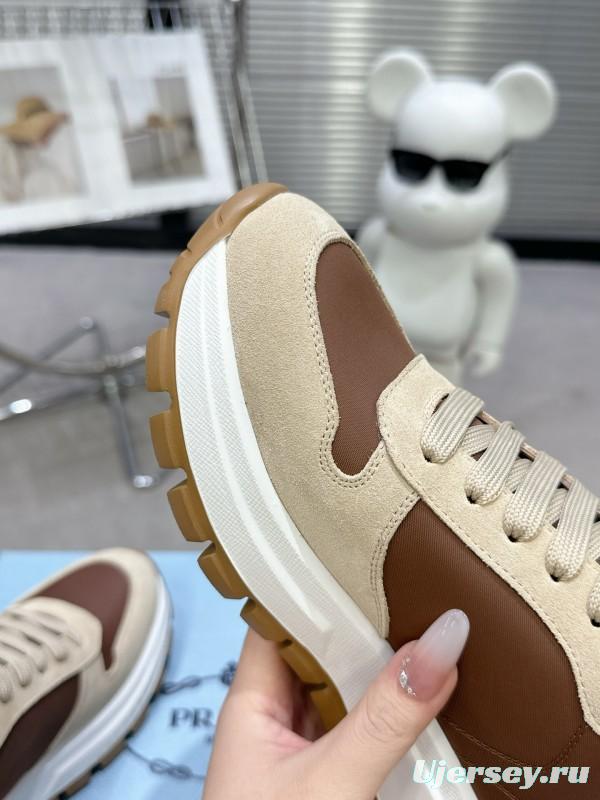 2025 Women Prada Beige Brown Leather Sneakers KFY00310