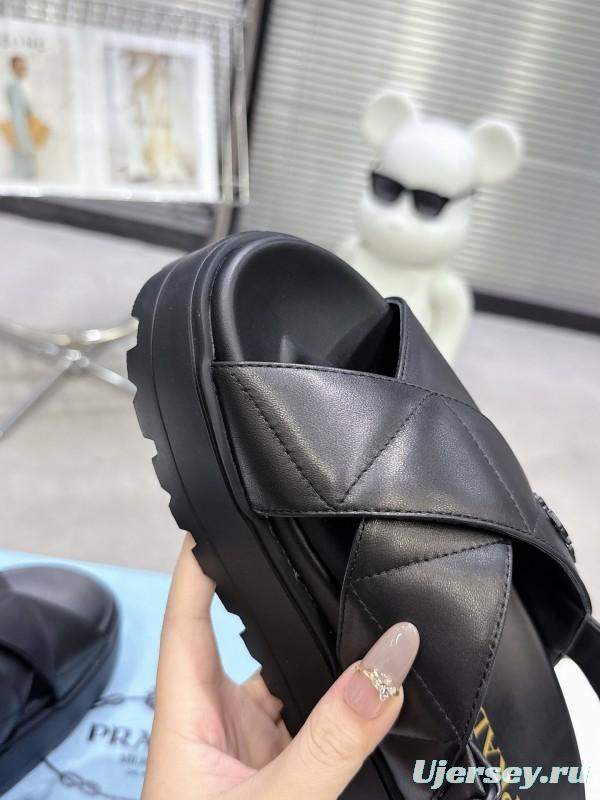 2025 Women Prada Black Leather Sandals