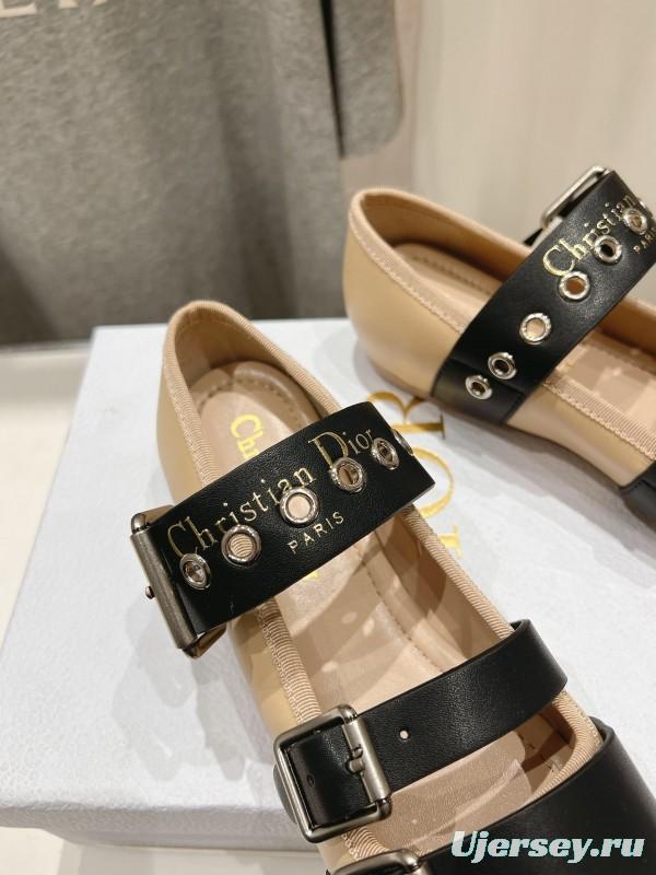 2025 Women Dior Beige Black Leather Mary Jane Buckle KFY00300