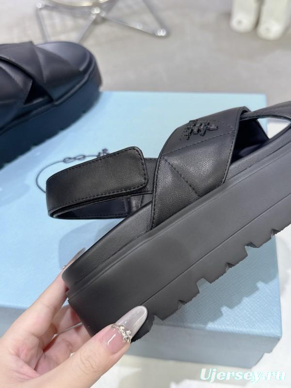 2025 Women Prada Black Leather Sandals