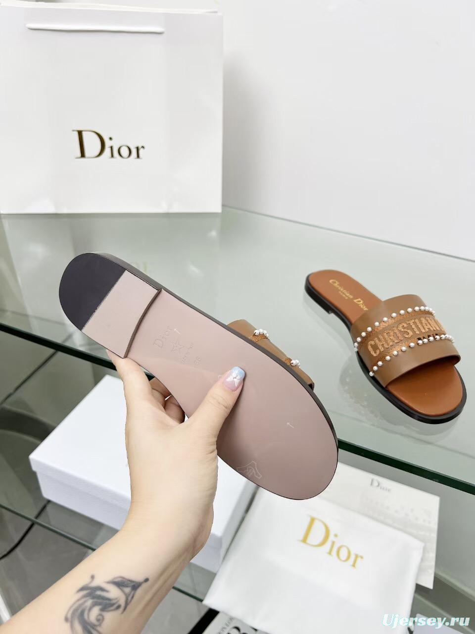 2025 Slippers Dior Brown Leather Women Slide Pearl LY00190
