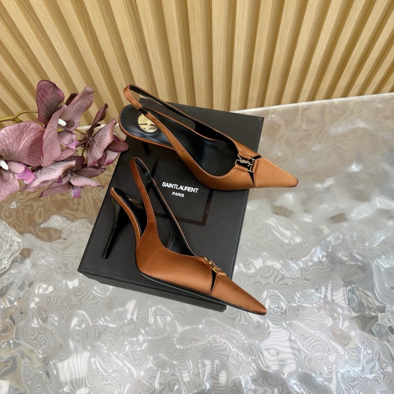 2025 Women Yves Saint Laurent Brown Leather Slingback Pumps MJ00300