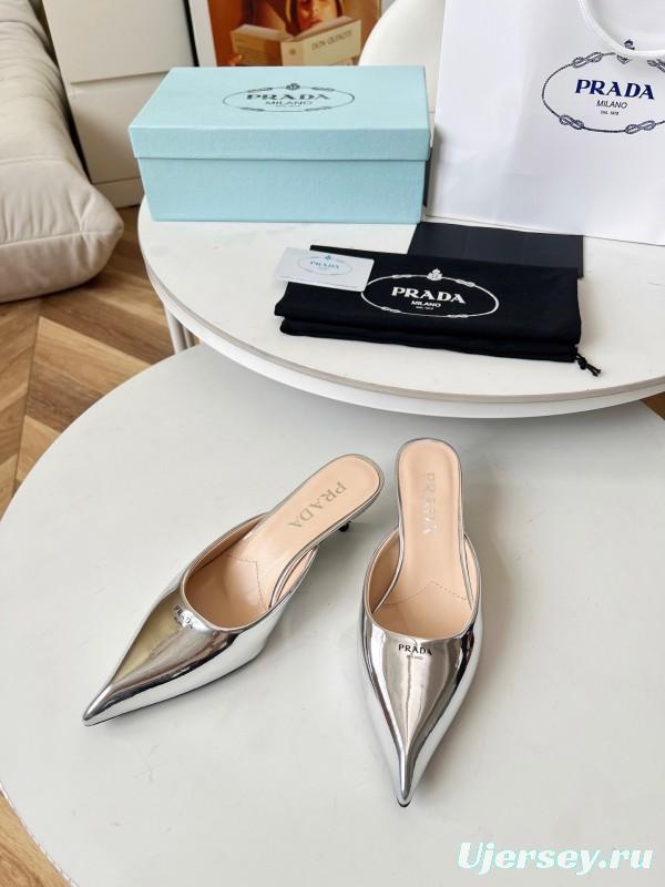 2025 Women Prada Silver Patent Leather Mules