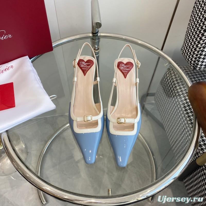 2025 Women Roger Vivier Blue White Patent Leather Slingback Pumps KFY00340