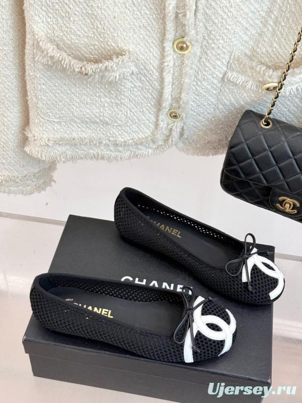 2025 Women Chanel Black White Mesh Leather Ballet Flats KFY00260