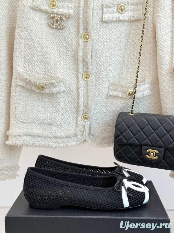 2025 Women Chanel Black White Mesh Leather Ballet Flats KFY00260