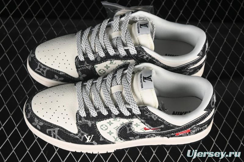 Nike SB Dunk Low LV Collaboration Black Denim Black Swoosh Anniversary High-End Custom Low-Top Casual Skate Shoes - YX5066-351