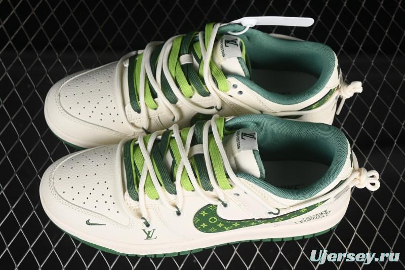 Nike SB Dunk Low LV Collaboration Strap Pattern Green Swoosh Anniversary High-End Custom Low-Top Casual Skate Shoes - DM6868-075