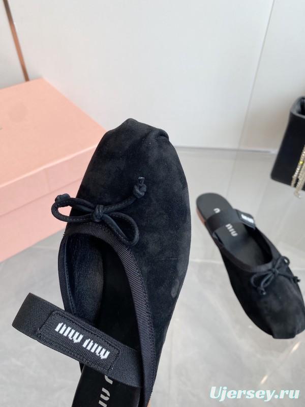 2025 Women Miu Miu Black Suede Ballet Flat Elastic Band Ballerina Slippers KFY00280