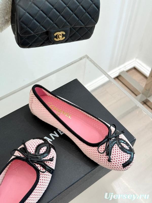 2025 Women Chanel Pink Black Mesh Ballet Flats KFY00260