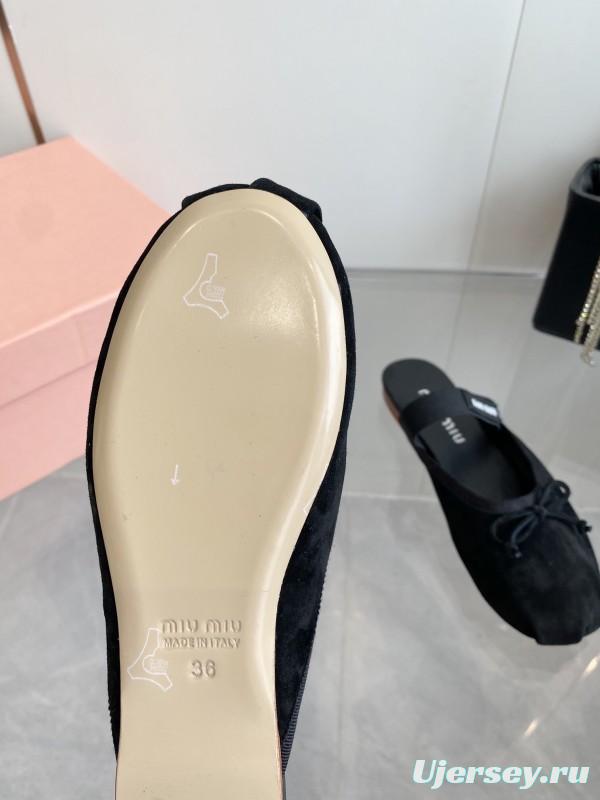 2025 Women Miu Miu Black Suede Ballet Flat Elastic Band Ballerina Slippers KFY00280