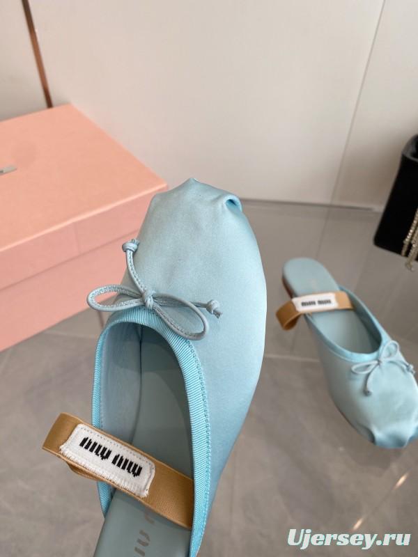 2025 Women Miu Miu Light Blue Satin Slip-On Ballet Flats KFY00280