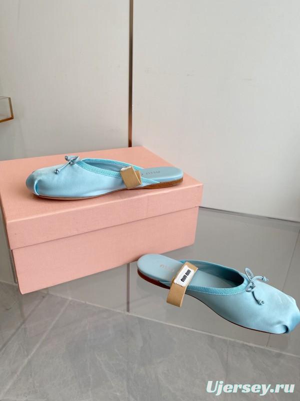 2025 Women Miu Miu Light Blue Satin Slip-On Ballet Flats KFY00280