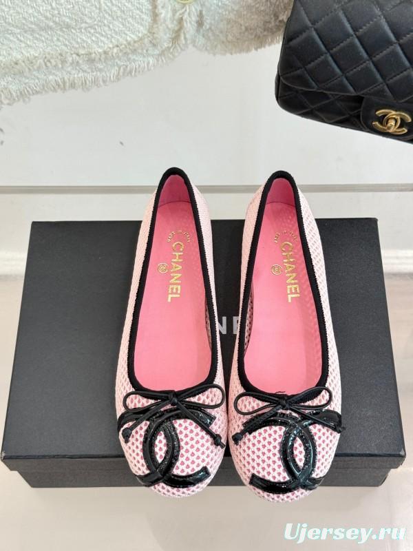2025 Women Chanel Pink Black Mesh Ballet Flats KFY00260
