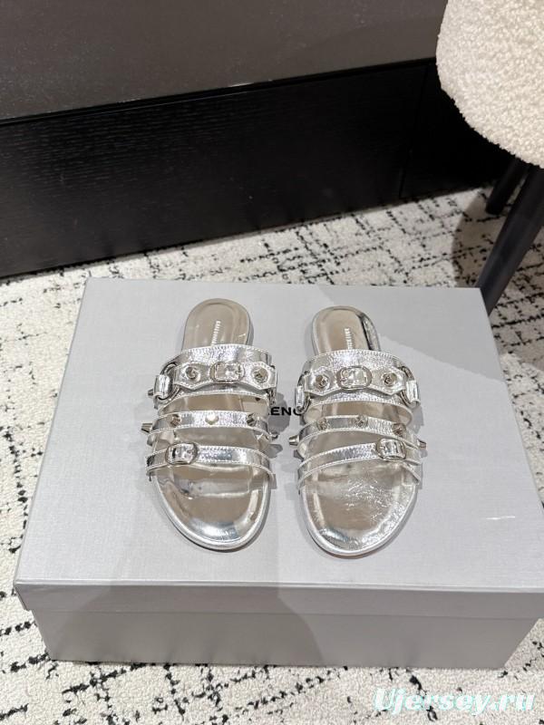2025 Slippers Balenciaga Silver Leather Metal Buckle KFY00289