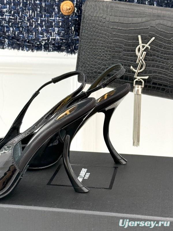 2025 Women YSL Black Patent Leather High Heel Slingback KFY00290