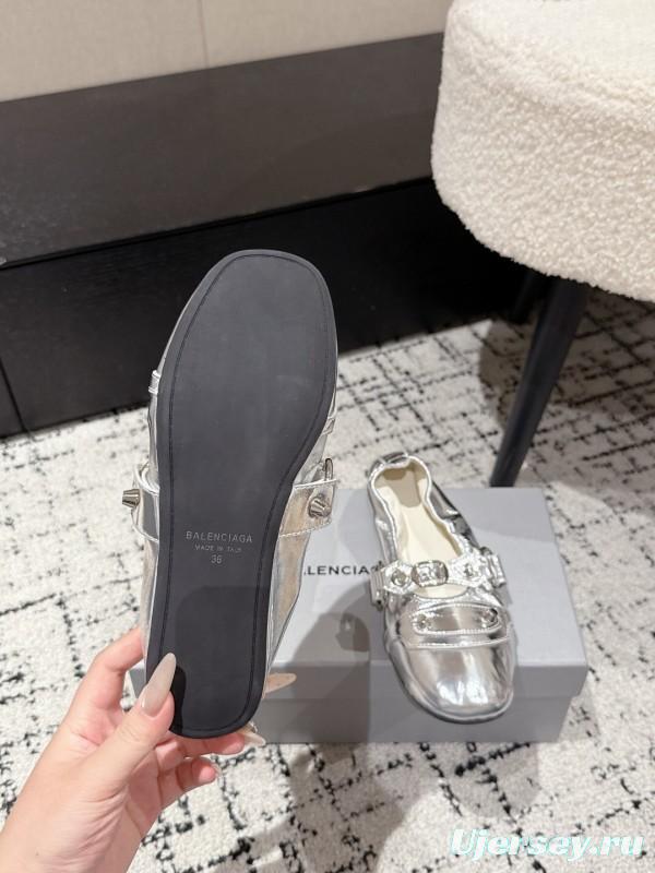 2025 Women BALENCIAGA Silver Leather Ballet Flats Metal Buckle KFY00300