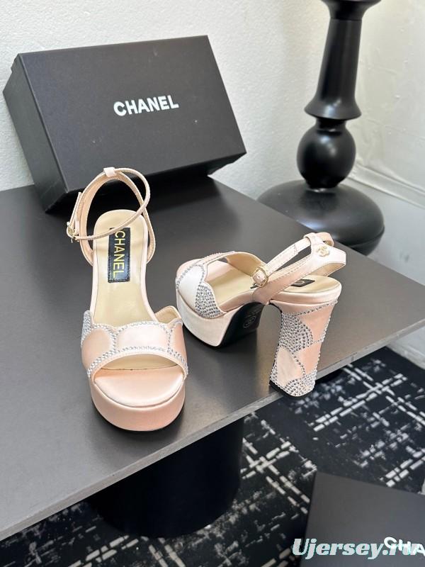 2025 Women Chanel Pink Satin Rhinestone Platform Sandals KFY00320