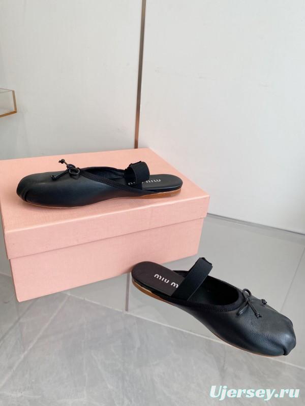 2025 Women Miu Miu Black Leather Ballet Flat Elastic Band