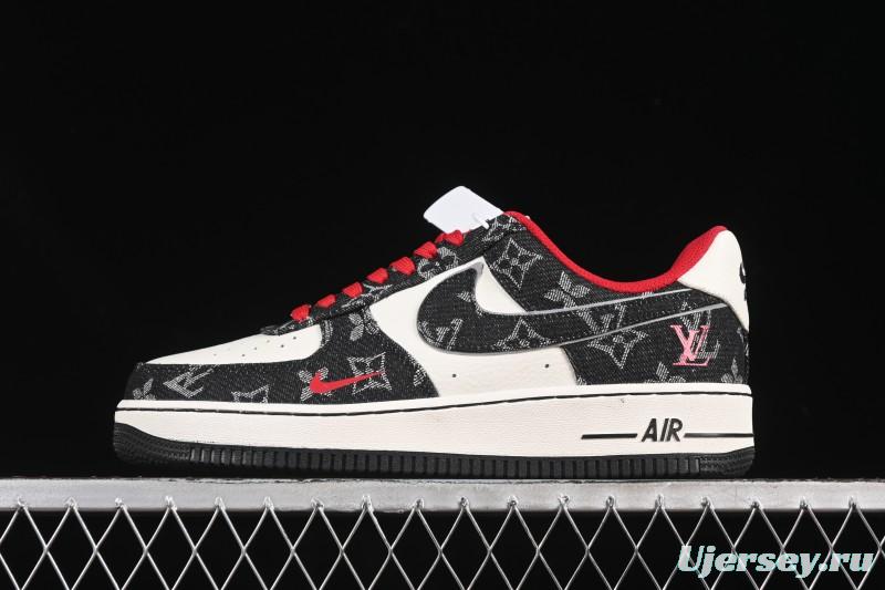 Nike Air Force 1 '07 Low LV Collaboration Black Denim Red Swoosh Casual Sneakers - LW9279-001