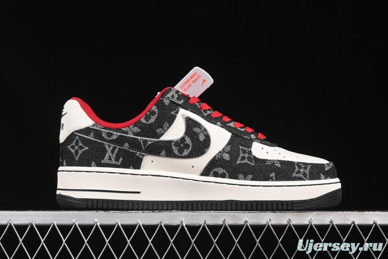 Nike Air Force 1 '07 Low LV Collaboration Black Denim Red Swoosh Casual Sneakers - LW9279-001