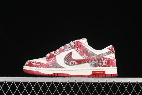 Nike SB Dunk Low LV Collaboration Grey Red Denim Anniversary High-End Custom Low-Top Casual Skate Shoes - SC9772-809