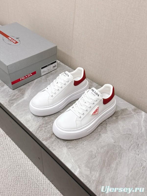 2025 Unisex Prada White Red Calf Leather Sneakers KFY00290