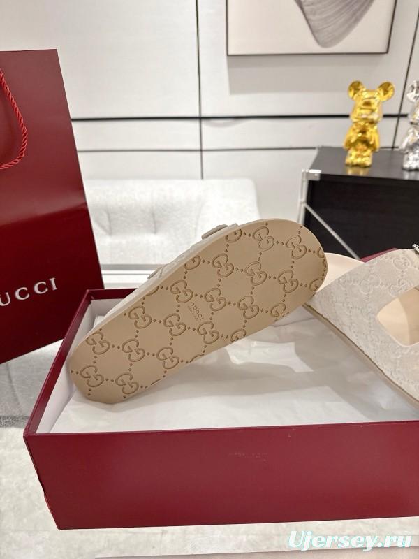 2025 Women Gucci White Leather Slippers Double G Embossed AS00240