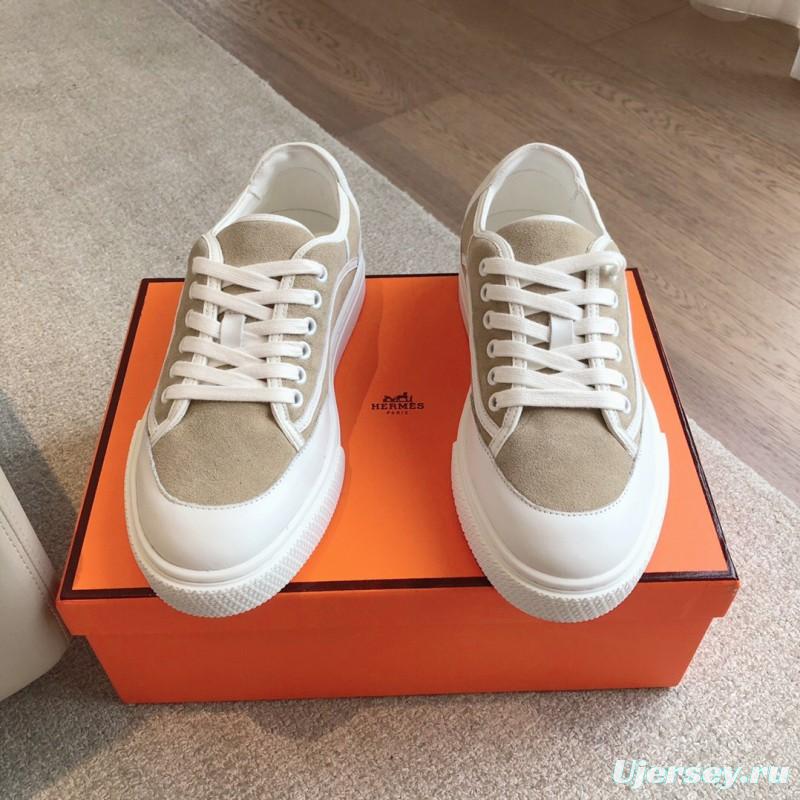 2025 Unisex Hermès Beige White Canvas Leather Sneakers AS00380