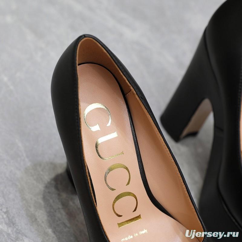 2025 Women Gucci Black Sheep Leather Platform Pumps KFY00320