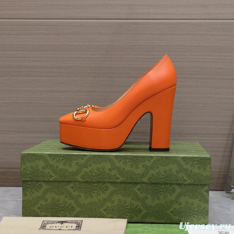 2025 Women Gucci Orange Leather Platform Pumps KFY00320