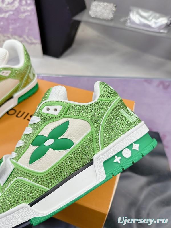 2025 Unisex Louis Vuitton Green White Leather Fabric Plimsolls Handmade Crystal Detailing AS00400