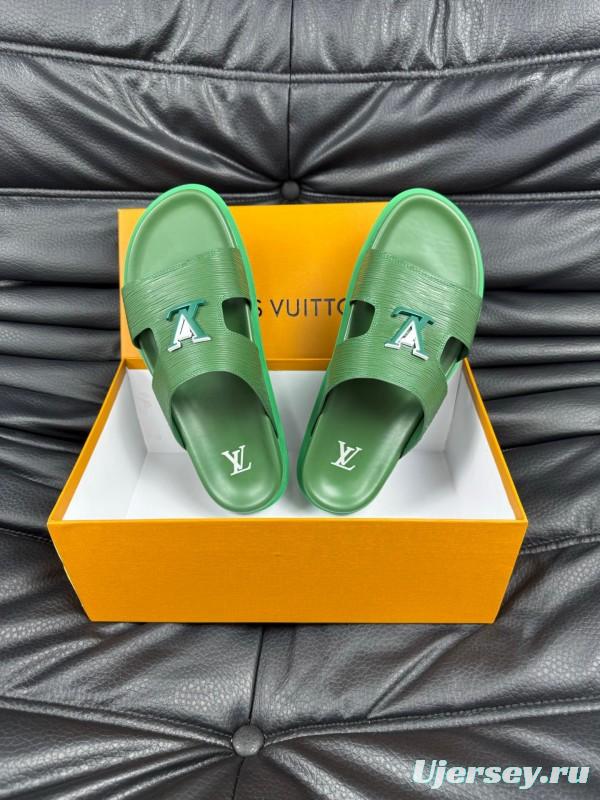 2025 Men Louis Vuitton Green Leather Slippers AS00170