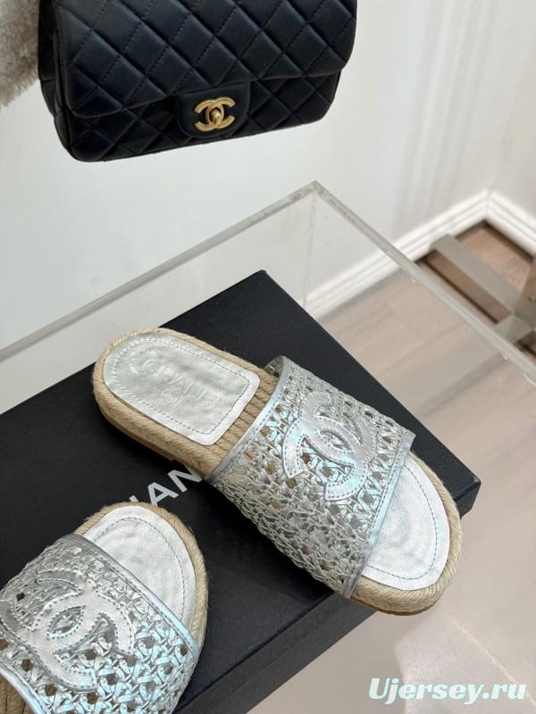 2025 Women Chanel Silver Leather Woven Fisherman Slippers KFY00240